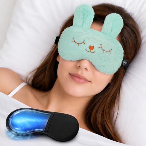Image of Jenna Sleeping Eye Mask for Sleeping for Women Sleep Mask Blind Fold Eye Cover for Sleep Soft Plush Frog Eye Mask for Kids and Adults Eyemask Lightweight & Durable (FurBunnyBlue-Gel)