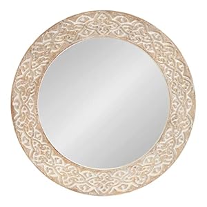 Kate and Laurel Engrahm Rustic Engraved Wooden Round Mirror, 26 Inch Diameter, Rustic Brown and White, Modern Farmhouse Distressed Circle Mirror for Use as Bathroom Mirror for Over Sink