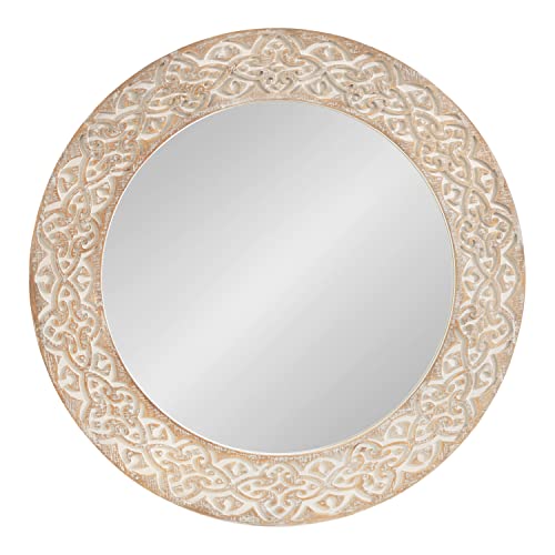 Kate and Laurel Engrahm Rustic Engraved Wooden Round Mirror, 26 Inch Diameter, Rustic Brown and White, Modern Farmhouse Distressed Circle Mirror for Use as Bathroom Mirror for Over Sink