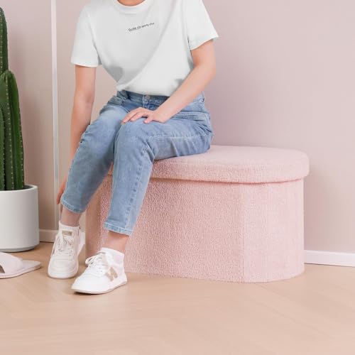 Image of B FSOBEIIALEO Ottoman with Storage for Living Room, Sherpa Folding Storage Ottoman Foot Rest, 30 Inches Collapsible Bedroom Bench Pink