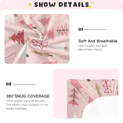 Image of Christmas Trees Pink Crib Sheets Soft Breathable Fitted Baby Crib Sheets Mattress Cover for Girl Boys, 52 inch x 28 inch x 9 inch