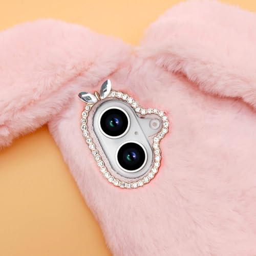 Omorro KC1690-I16M-6 Compatible With Iphone 16 Plus Case Plush Rabbit Case For Women Girls Soft Warm Fluffy Furry Bunny Ear Fur Phone Case Protective Bling Crystal Rhinestone Bow Knot Diamond Case Light Pink thumb #2