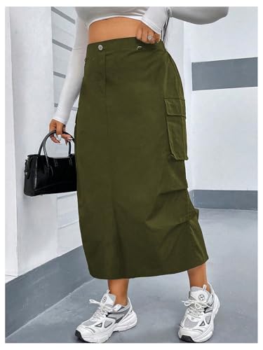 OYOANGLE Women's Plus Size Elastic High Waist Cargo Skirt Casual Solid Midi Skirts3