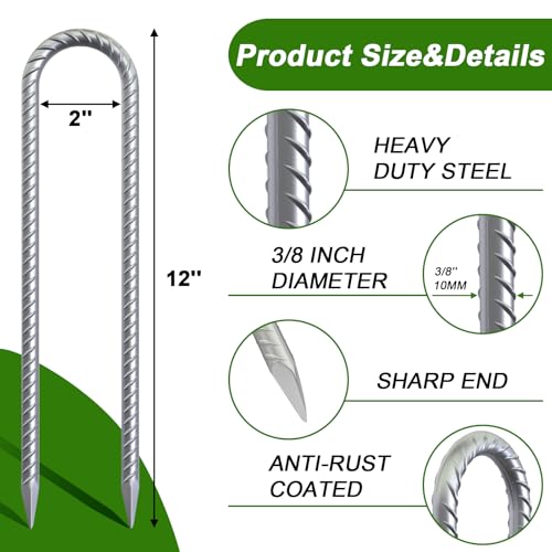 AAGUT 12 Inch Trampoline Stakes 6 Pack 3/8\" U Shaped Rebar Ground Anchors Heavy Duty High Winds Galvanized Steel Trampolines Accessories for Swing Set, Camping, Soccer Goal, Huge Garden Decoration