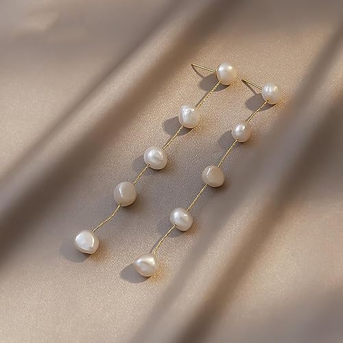 Boucles d'oreilles longues perles blanches légères à porter sans douleur en fête