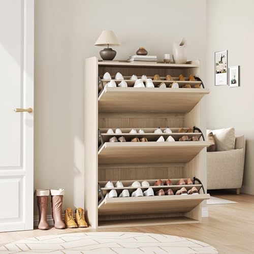 GarveeHome Shoe Cabinet with 3 Flip Drawers, Wooden Shoe Organizer with Adjustable Shelf, Shoe Storage for Entryway, Hidden Shoe Cabinet for Hallway, Living Room, Natural Oak