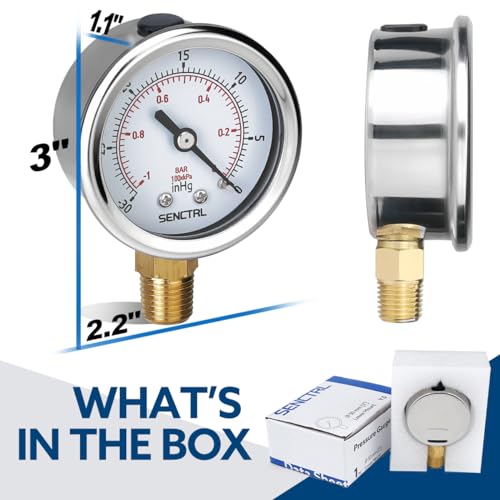 Image of SENCTRL 30inHg Vacuum Pressure Gauge, 2 inch Dial, 1 /4 NPT Lower Mount, Waterproof, Stainless Steel Case, for Tube Tester, HVAC, Pneumatic Air Compressor, Hand Pump, Valve Test