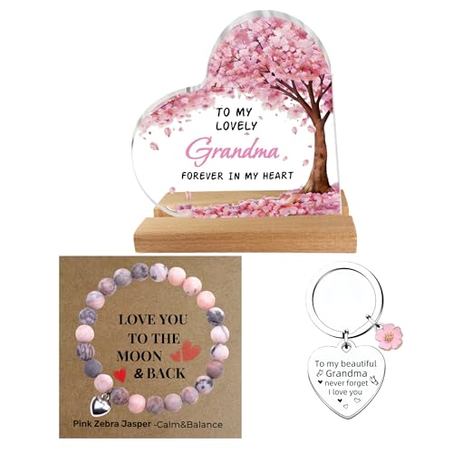 Best Grandma Gifts - Meaningful Birthday Gifts for Grandma Christmas - Grandmother Mothers Day Present from Grandchildren Pink Zebra Jasper Beaded Wristlet Keychain & Cherry Blossom Acrylic Plaque