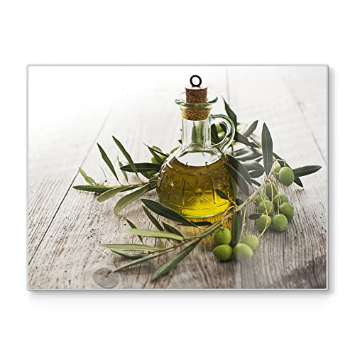 DEQORI Planche à découper en verre - Grande planche à découper - 40 x 30 cm - Motif huile d'olive avec branche d'olive - Design - Plaque à découper pour cuisine - Planche à petit-déjeuner