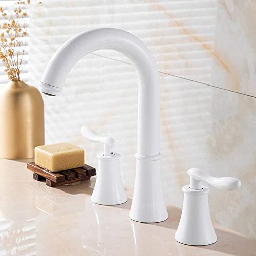 Robinet 3 trous rétro américain en blanc mat et laiton pour vasque chic - 3