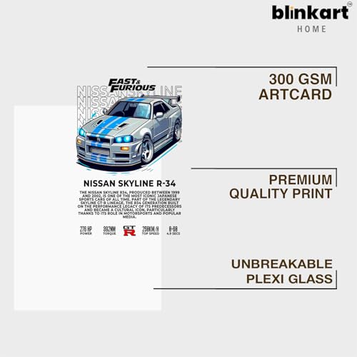 Image of BLINKART Nissan Skyline GT-R R34 CarFramed Posters Gift Items Boys Room Wall Decoration Bedroom Office Studio Synthetic Wood Frame & Acrylic Glass Ready to Hang - 12x8 Inch, (A4 Size) - CAR-266