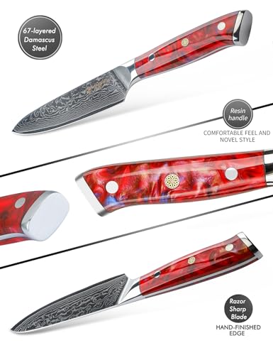 SANMUZUO 5 Inch Kitchen Utility Knife - Xuan Series Kitchen Knives - VG10 Damascus Steel with Resin Handle (Sunset Red) - Image 4