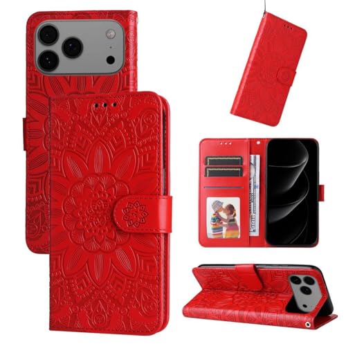 Housse en cuir iPhone Air rouge gaufré avec un design tournesol élégant