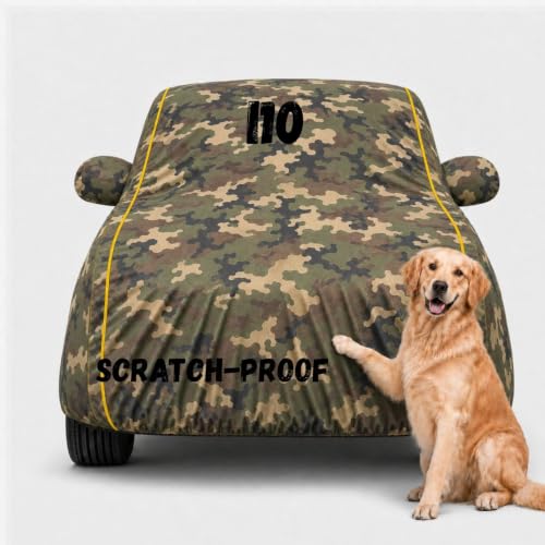 Image of Waterproof Car Cover for i10 | Soft Cotton Lining Heavy Duty Triple Stitched Heat Resistant Outdoor Cover Comes with Mirror and Antenna Pocket Full Bottom Elastic (Jungle)