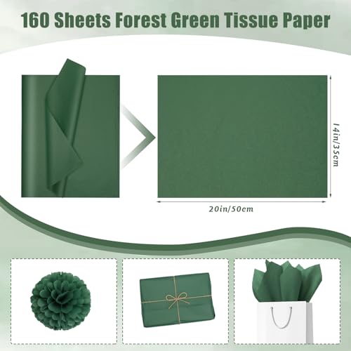 Image of woric 160 Sheets Dark Green Tissue Paper for Gift Bags 20 X 14 Inches | Forest Green Tissue Paper Bulk for DIY Crafts Wedding Birthday Tropical Party Decorations