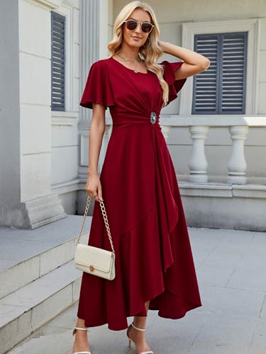 Image of QMZ Wedding Guest Dresses for Women V Neck Cocktail Dress Ruffle Sleeve A Line Evening Party Formal Dresses for Women