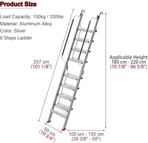 Folding Aluminum Alloy Attic Ladder, Space-Saving Escape Ladder for 5.9-8.8ft Heights, Ideal for Apartments, Basements & Window Wells – Loft Steps (101in/257cm)
