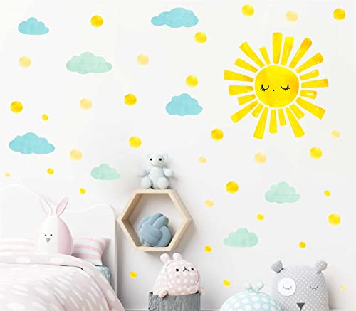 Watercolor Sun And Clouds Wall Decals Polka Dots Decal Clouds Wall Stickers Peel And Stick Sun Wall Stickers For Kids Nursery Bedroom Living Room Decor #TOP4