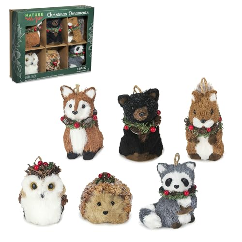 naturevibe Sisal Woodland Animals Christmas Tree Ornaments,Set of 6 Natural Forest Friends with Gift Boxes for Presents,Ornaments Animals as Rustic Home Decorations