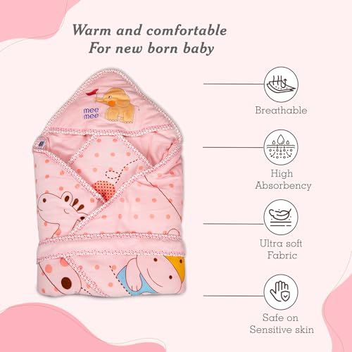 Image of Mee Mee 100% Soft Cotton Hooded Baby Wrapper Cum Warmer, Blanket with Hood for New Born Baby 0 to 6 Months (Pink Printed)