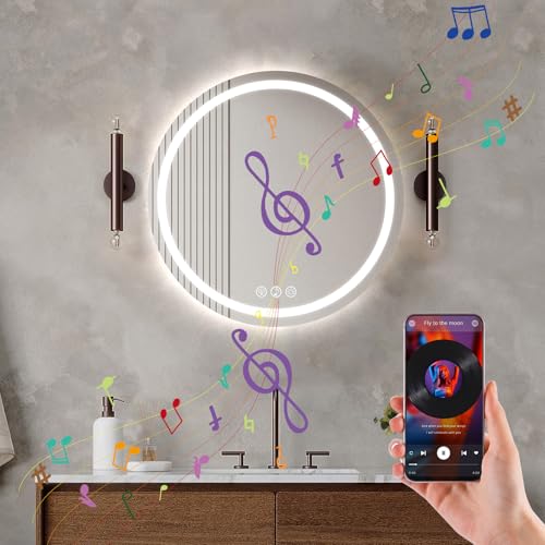 Ratsamee Bluetooth Specchio da Bagno LED con Luci, Rotondo 50cm, 3 Colori Dimmerabili, Antiappannamento, Memoria, Montaggio a Parete – Specchio Bluetooth Bagno Musica