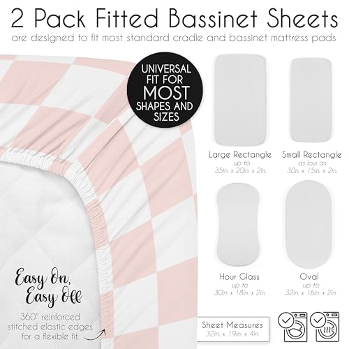 Image of Sweet Jojo Designs 2-Piece Baby Bassinet Sheets Set (Pink Gingham Checkered Plaid) for Girls, Infant Newborn Nursery, Oval, Rectangle & Hourglass Mattress (Solid Blush & Vintage, Classic Checkerboard)