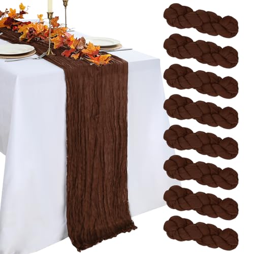 pepmily 8 Pack Table Runner Brown Cheesecloth 10ft Boho Gauze Fabric 120 Inch Cheese Cloth Table Runner Rustic Sheer for Holiday Baby Shower Party Décor Home Wedding Decoration