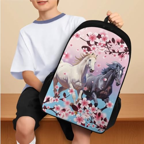 Cherry Blossom Horse Backpack for Girls Kids Backpack with Lunch Box Water Bottle Bag and Aesthetic Pencil Case 4PCS Set Bookbag with Compartments for School Teens 17 inch Sturdy School Bag3