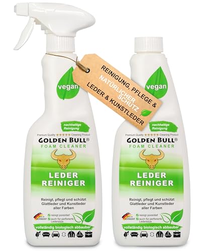 Golden Bull® Lederreiniger & Lederpflege Auto Sofa 2x500ml [STARK UND VEGAN] Leder Kunstleder Reiniger Schaum Spray mit Kokosöl für Reinigung & Pflege von Ledersitz, Autositz, Ledercouch