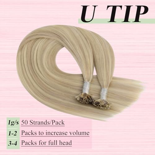 Image of YoungSee U Tip Hair Extensions Human Hair Blonde Highlight Utip Hair Extensions Human Hair Ash Blonde with Platinum Blond Highlight Keratin Hair Extension Remy Hair Ktip Extension 22In 1G /S 50G