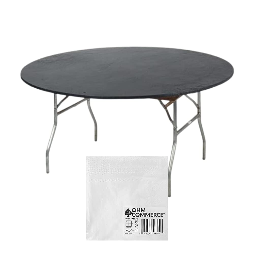 Kwik-Covers60" Round Black Plastic Table Covers Bundle of 5 with Seventy (70) Ohm Commerce Paper Napkins - Indoor or Outdoor Fitted Table Covers (Table NOT Included)