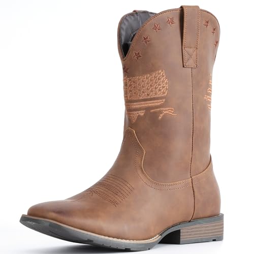Image of IUV Cowboy Boots For Men Wide Western Boot Traditional American Flag Retro Square Toe Country Work Boots