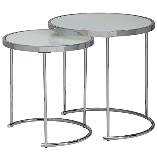 möbelando Design Beistelltisch Rund Ø 50/42 cm - 2 teilig Weiß Silber mit Glasplatte | Wohnzimmertisch 2er Set | Satztisch Milchglas | Couchtisch