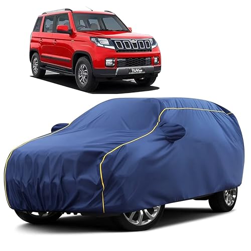 Image of Sulfar 100% Water Resistant Car Body Cover Compatible with Mirror for Mahindra TUV300 (Triple Stitched, Full Bottom Elastic, Blue Taffeta with Yellow Piping)