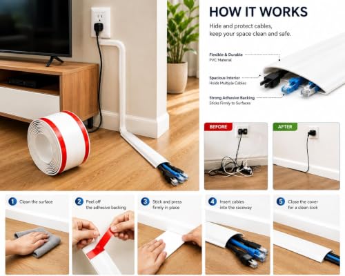 Image of Floor Cord Cover PVC Cable Protector for Wires on Floor, Cord Hider for Wall, Extension Cables, Wire Cover for Cable Management (1 Meter)