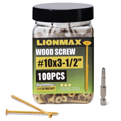Image of LIONMAX Deck Screws 3-1 /2 Inch, Wood Screws #10 x 3-1 /2 inch, 100 PCS, Rust Resistant, Exterior Epoxy Coated, Outdoor Decking Screws, Torx /Star Drive Head Deck Screw, T25 Star Bit Included, Tan