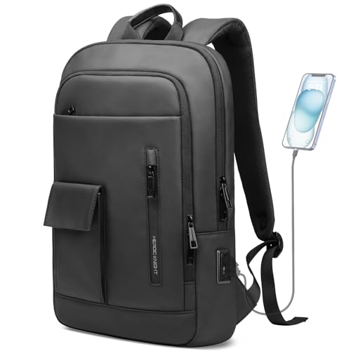 HEROIC KNIGHT Mochila para Portátil de 15.6" y Tablet de 12.9" con Puerto de Carga USB, Impermeable, Ligera y Fina, Capacidad de 8L (Negro)