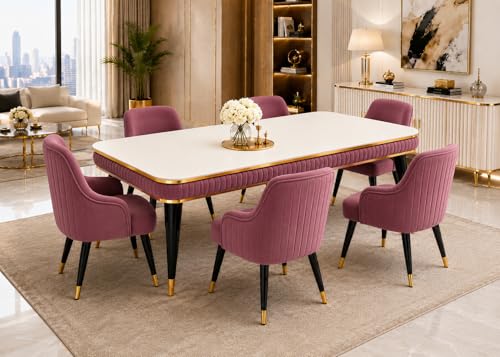 Image of WOODEN SPACE 6-Seater Wooden Dining Table Set | Nano Composite Marble Top | Solid Wood Base | Modern Dining Room Furniture with 6 Chairs (Pink Modern Zyro)