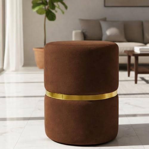 Image of Round Single Strip Upholstered Stool Living Room Foot Rest Linen Fabric Padded Seat Pouf Ottoman Office Stool Brown