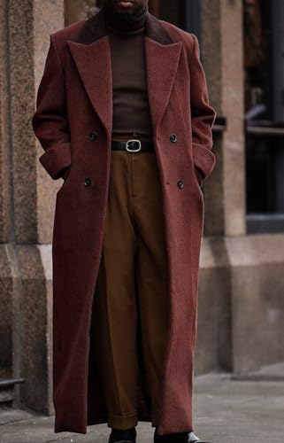 Image of Man's Double Breasted Full Length Trench Coat Casual Corduroy Collar Long Jacket Peacoat Wool Blend Winter
