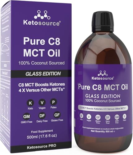 Pure C8 MCT Oil | Glass Bottle | Boosts Ketones 4X Versus Other MCTs | Highest 99%+ Lab Tested Purity | 100% Coconut Sourced | Supports Keto & Fasting | Vegan | Bulletproof Coffee | 500ml Ketosource