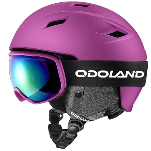 Odoland Ski Helmet and Goggles Set, Snowboard Helmet Glasses for Men, Women & Youth - Shockproof/Windproof Gear for Skiing, Snowboarding Purple S(52-55cm/20.47-21.65'')