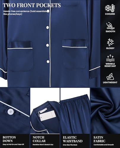 Image of Ekouaer Pajamas for Women Silk Satin Button Down Long Sleeve Pajama Sets