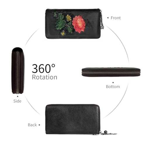 Image of Wallet Genuine Leather for Women - with RFID Blocking Card checkbook ID Slot Large Capacity Vintage style (chrysanthemum black)