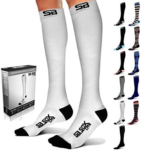 SB SOX Lite Compression Socks (15-20mmHg) for Men & Women – Best Socks for All Day Wear! (White/Black, S/M)