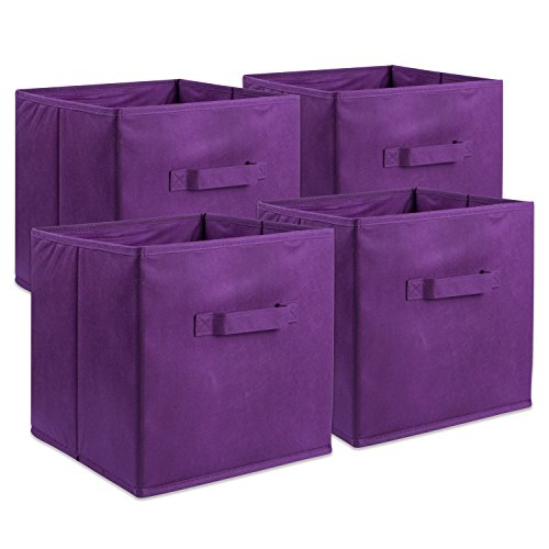 DII Lot de 4 bacs de rangement pliables en tissu non tissé - 28 x 28 x 28 cm - Aubergine