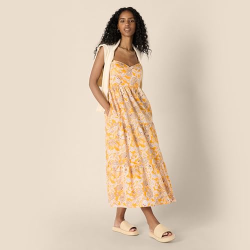 Image of Amazon Essentials Women's Fit and Flare Empire Waist Sweetheart Neck Cotton Sateen Tiered Maxi Dress