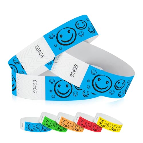 Image of 200 WristCo Neon Blue Smiley Face Tyvek Wristbands for Events | Comfortable Water /Tear-Resistant - USA Made Tyvek Wristband ID Bracelets for Events, Concerts, Party Security, VIP Admission