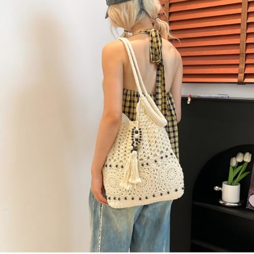 Womens Handwoven Beach Shoulder Bag Summer Mesh Knit Casual Tote Bag with Tassel Beads3