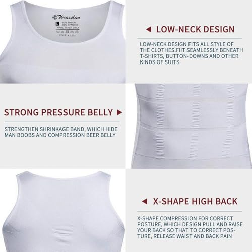Image of Wearslim Men Compression Shirt For Workout Vest Abs Abdomen Slim Body Shaper Undershirt Slimming Shirt to Hide Gynecomastia Stretchable Tummy Tucker Vest - Pack of 2 - (Black & White)